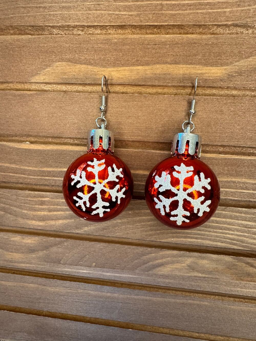 Red Snowflake Christmas Ornament Earrings Christmas Red White Snow Earrings